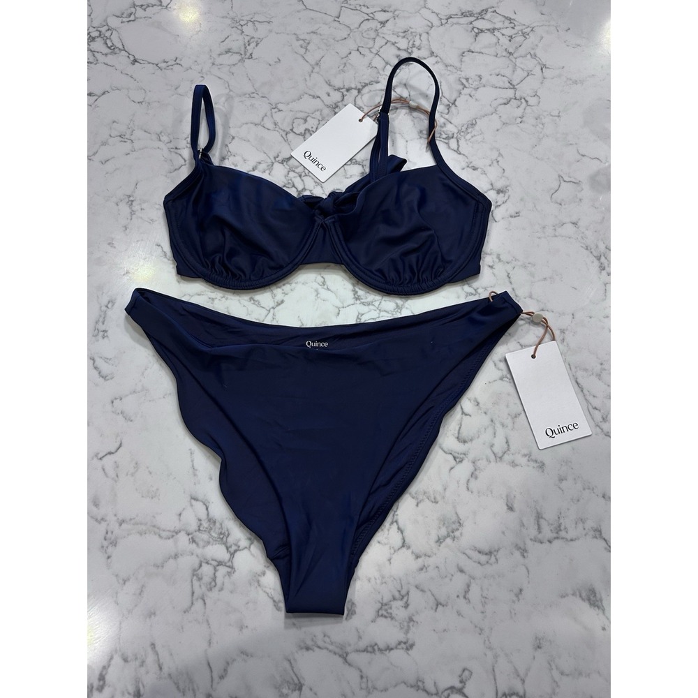 NWT Quince Deep Navy Italian Demi Bikini Top & Low Rise Bottom Set Size Medium